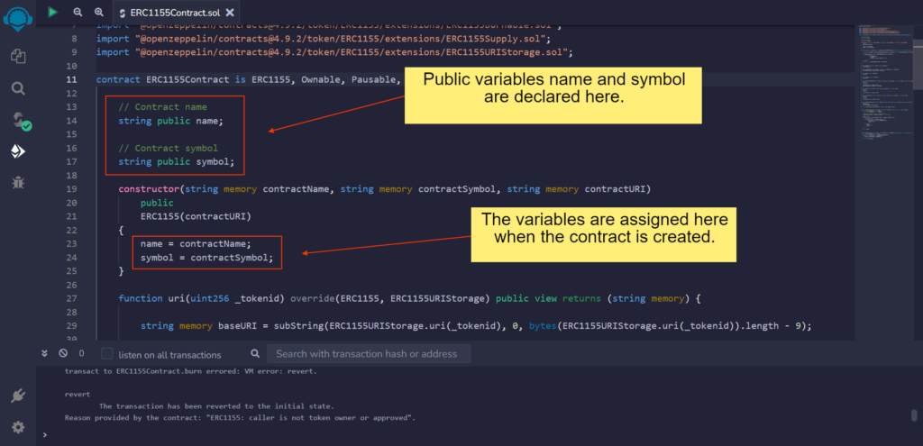 Assign contract name and symbol to ERC1155