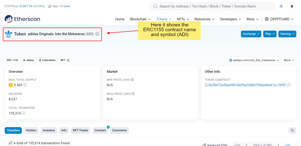 Display ERC1155 contract name and symbol on Etherscan